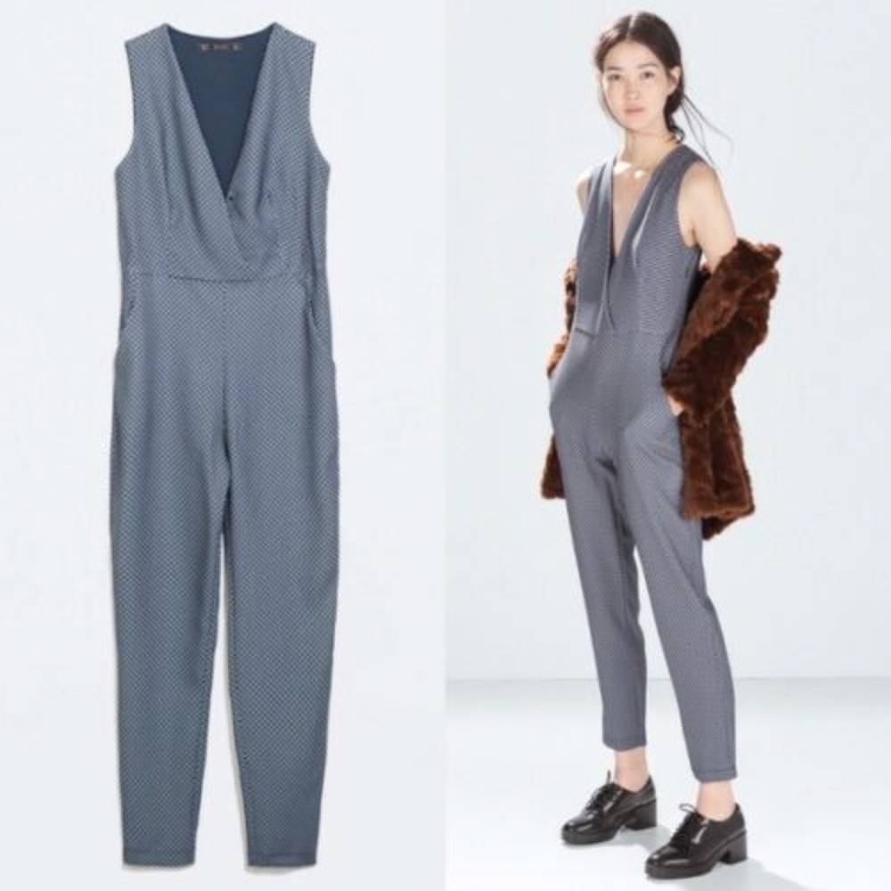 NWOT ZARA TRAFALUC BLUE GEOMETRIC SKINNY JUMPSUIT